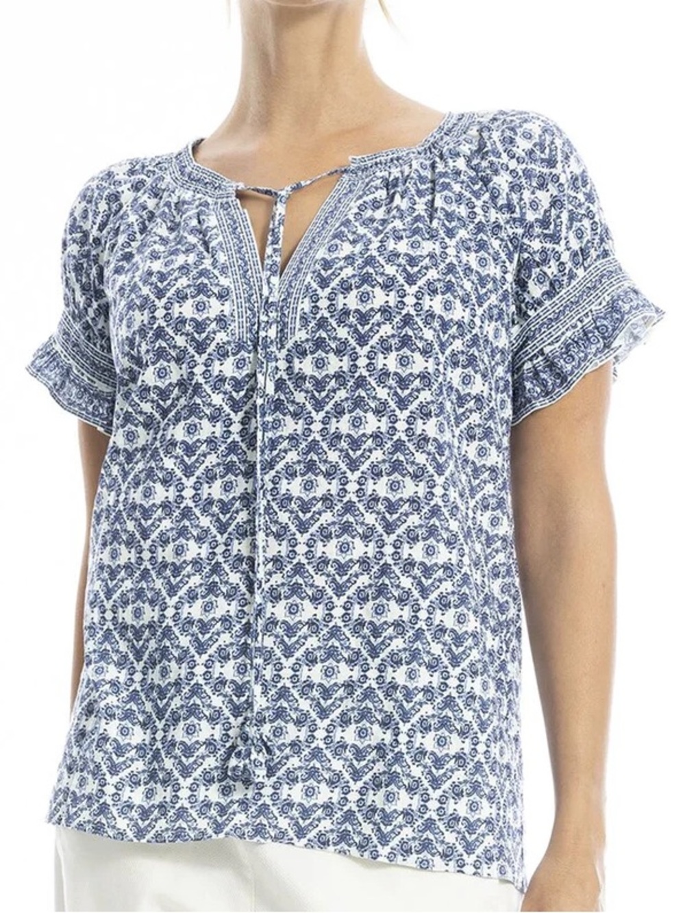 Max Studio White Blouse with Blue Floral Print